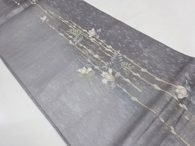 リサイクル　縦絽草花模様織出し袋帯